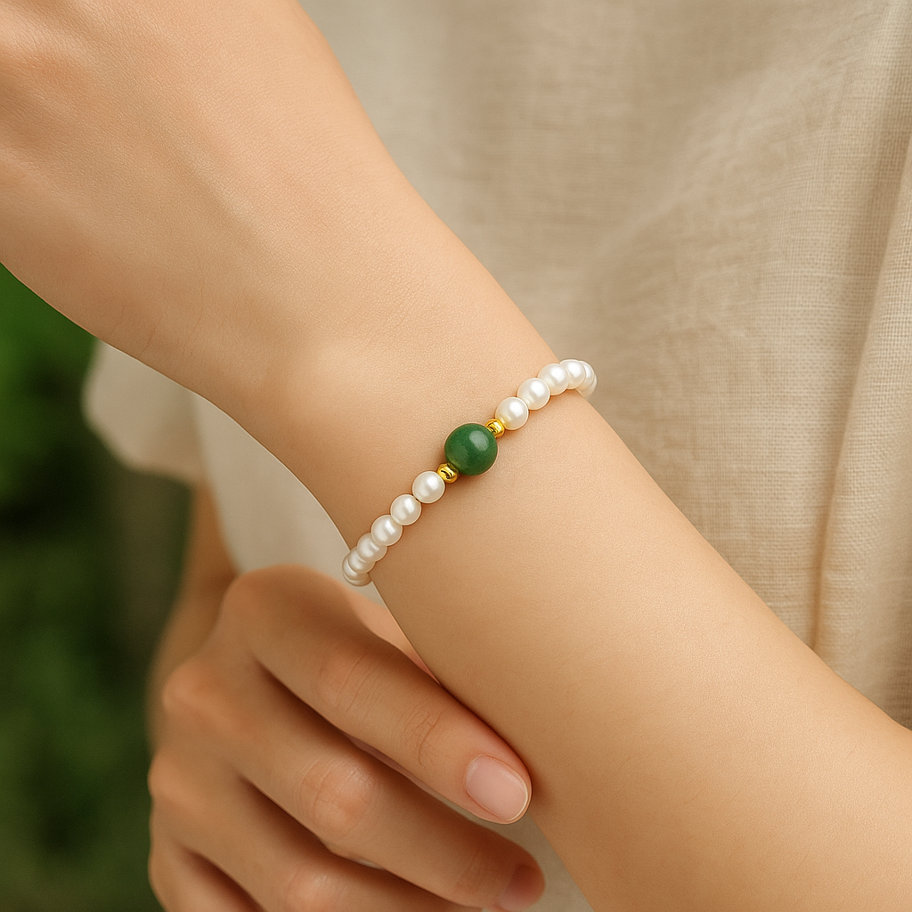 Elegant Freshwater Pearl Bracelet with Green Tourmaline – Gold Heart Charm | Gracetal House