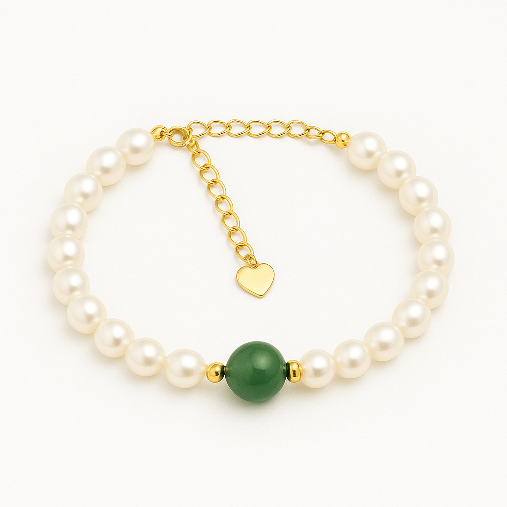 Elegant Freshwater Pearl Bracelet with Green Tourmaline – Gold Heart Charm | Gracetal House