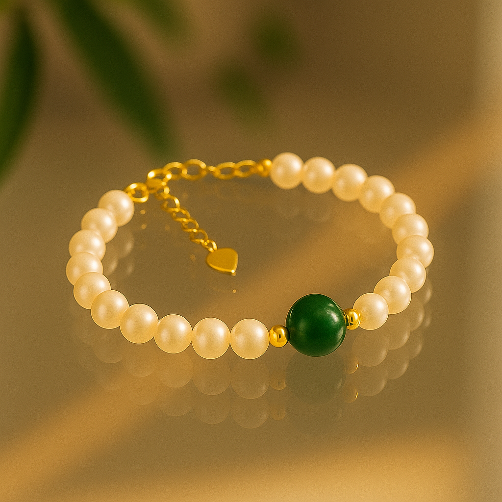 Elegant Freshwater Pearl Bracelet with Green Tourmaline – Gold Heart Charm | Gracetal House
