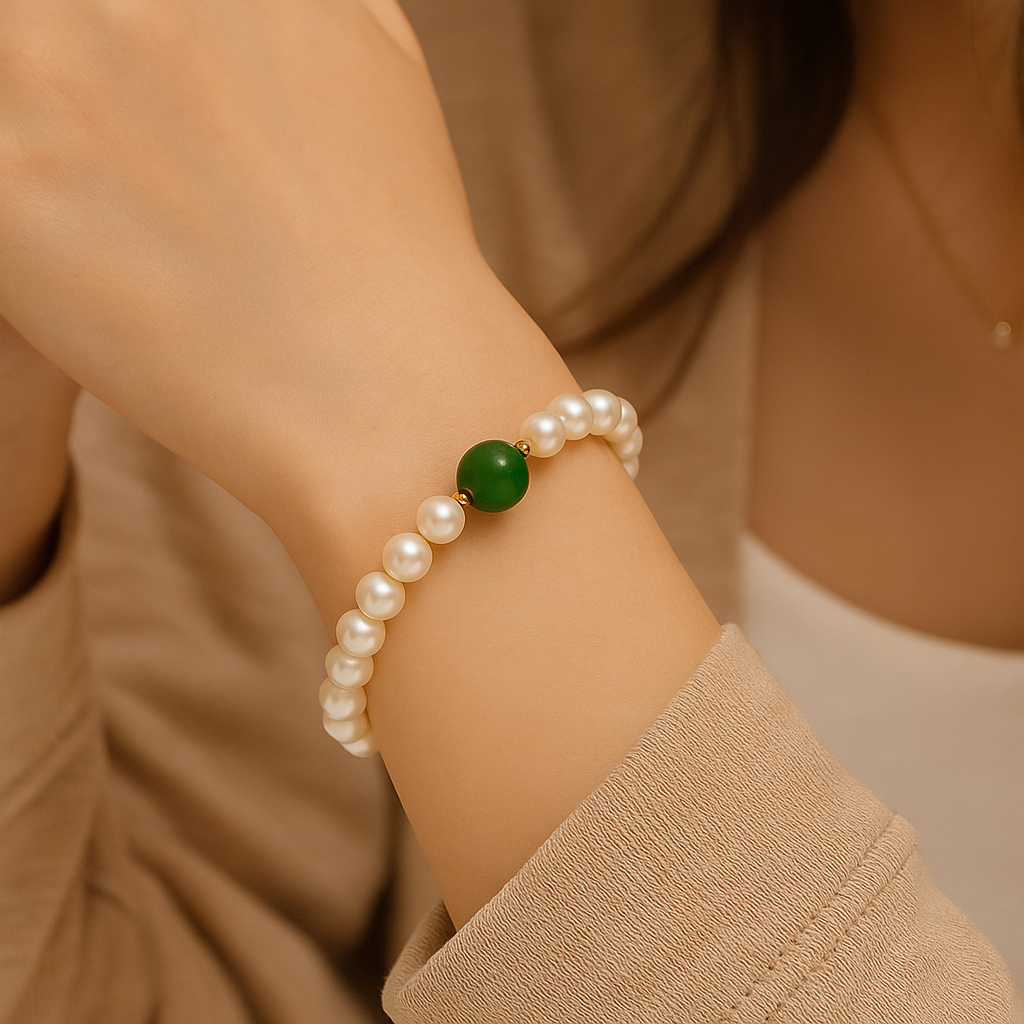 Elegant Freshwater Pearl Bracelet with Green Tourmaline – Gold Heart Charm | Gracetal House