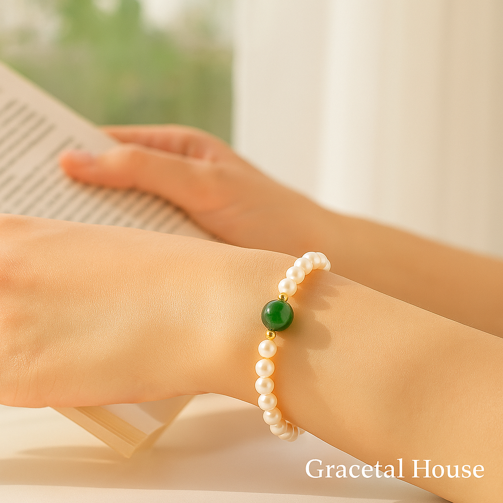 Elegant Freshwater Pearl Bracelet with Green Tourmaline – Gold Heart Charm | Gracetal House
