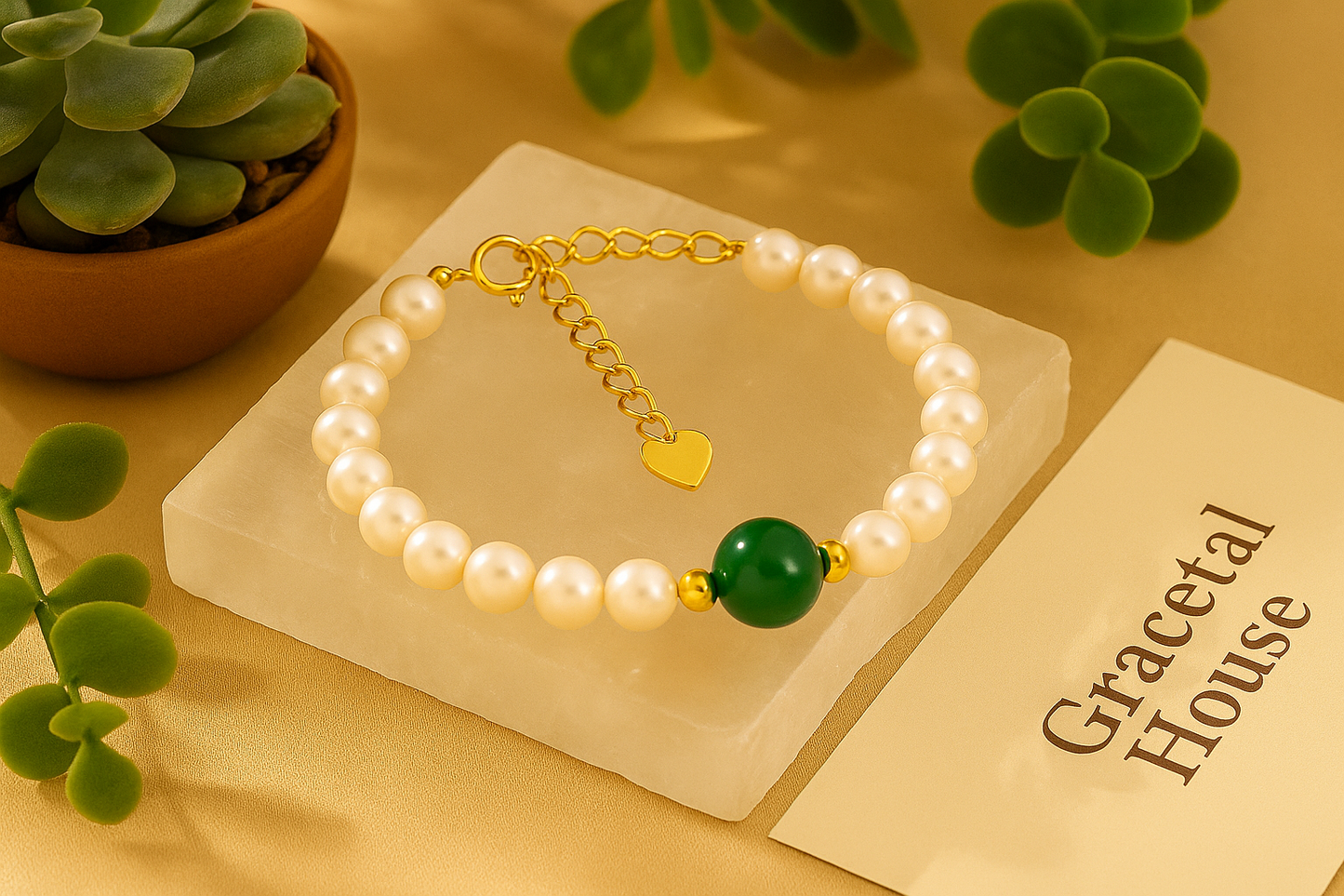 Elegant Freshwater Pearl Bracelet with Green Tourmaline – Gold Heart Charm | Gracetal House